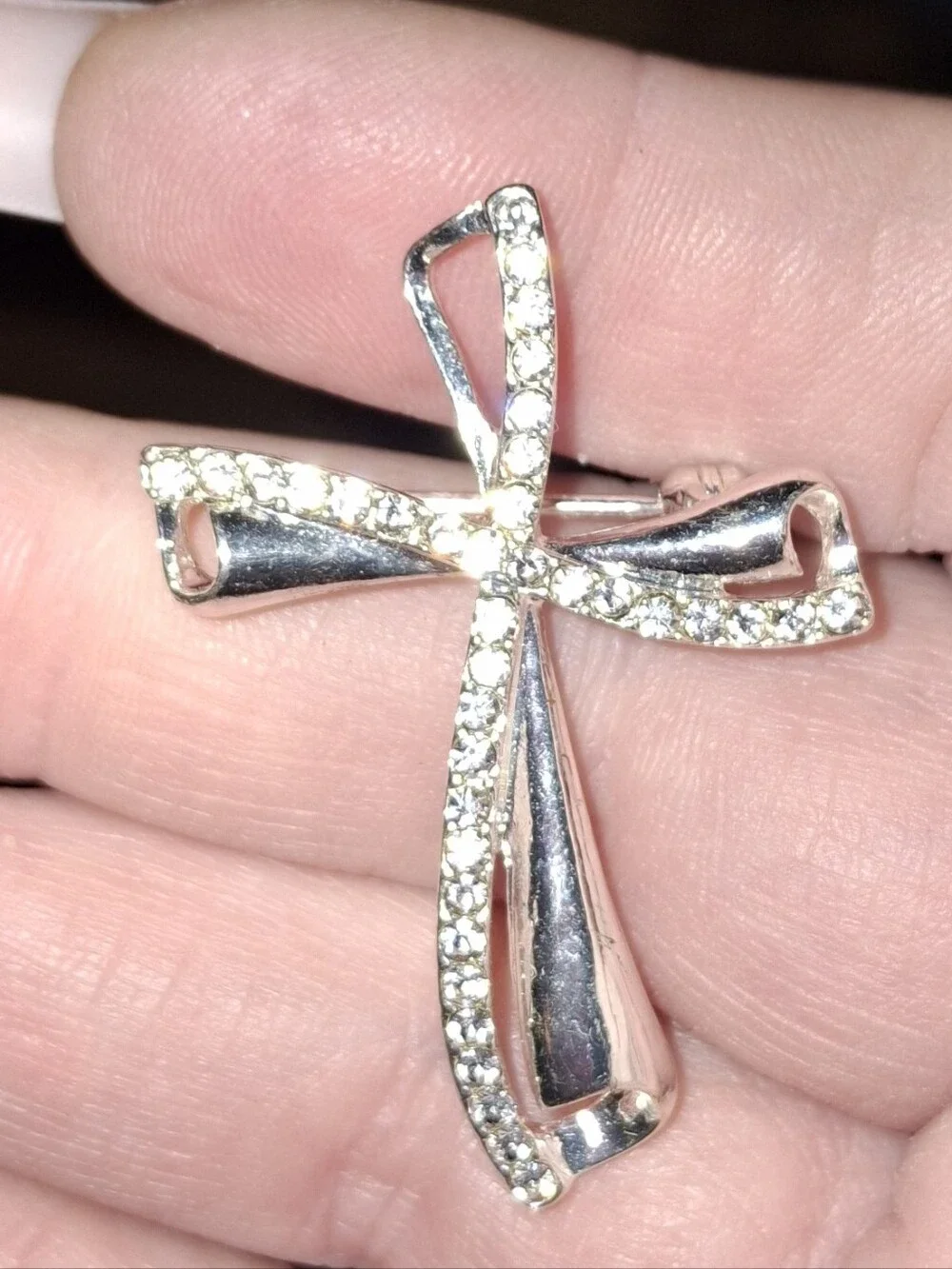 Monet Crystal Rhinestone Silver Cross Brooch Pin Vintage Women Jewelry